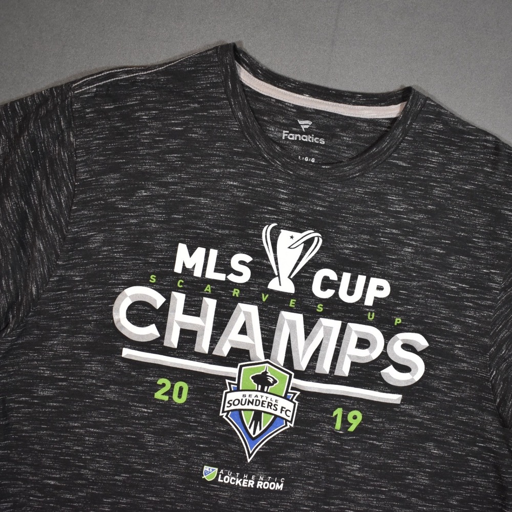 Seattle Sounders FC 2019 MLS Cup Champions Fanatics Locker Room Tee Gray Large